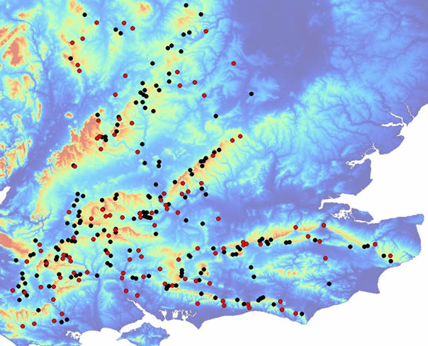 New (110 and red) and old (263 and black) possible Boudica battle site locations overlying terrain