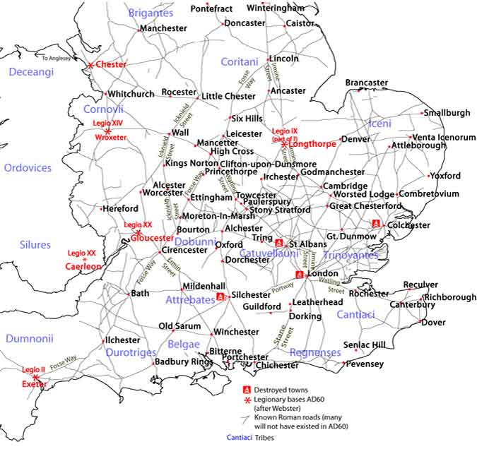 Roman towns, tribes, Roman roads and legionary bases