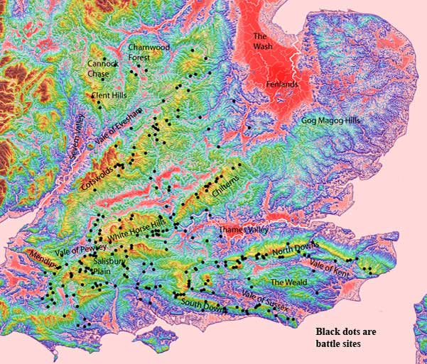 Battle sites (black dots) and geographical names for the study area overlying elevation data