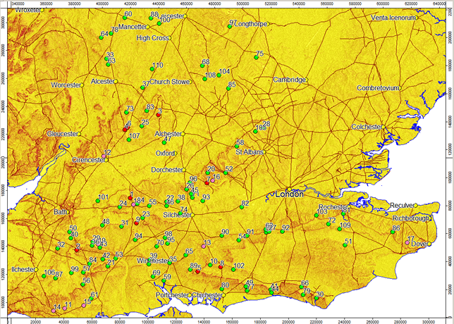 Ranked battle sites overlying terrain and Roman roads.
