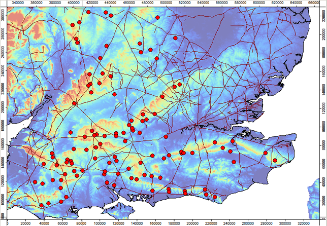 The locations of 110 possible Boudica battle sites based on the former terrain analysis and the new hydrology work