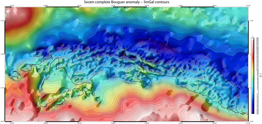 Seram Bouguer anomaly 10mGal contours