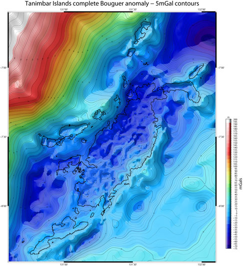 Tanimbar Bouguer anomaly 10mGal contours