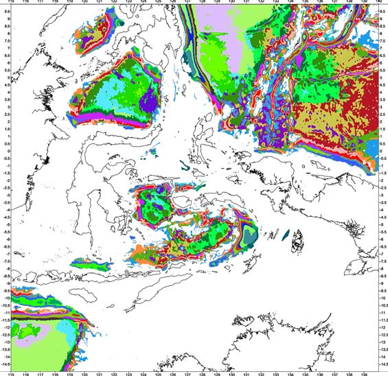 Bouguer gravity classified combined oceanic types/areas