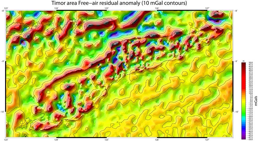 Timor free-air gravity residual anomaly map